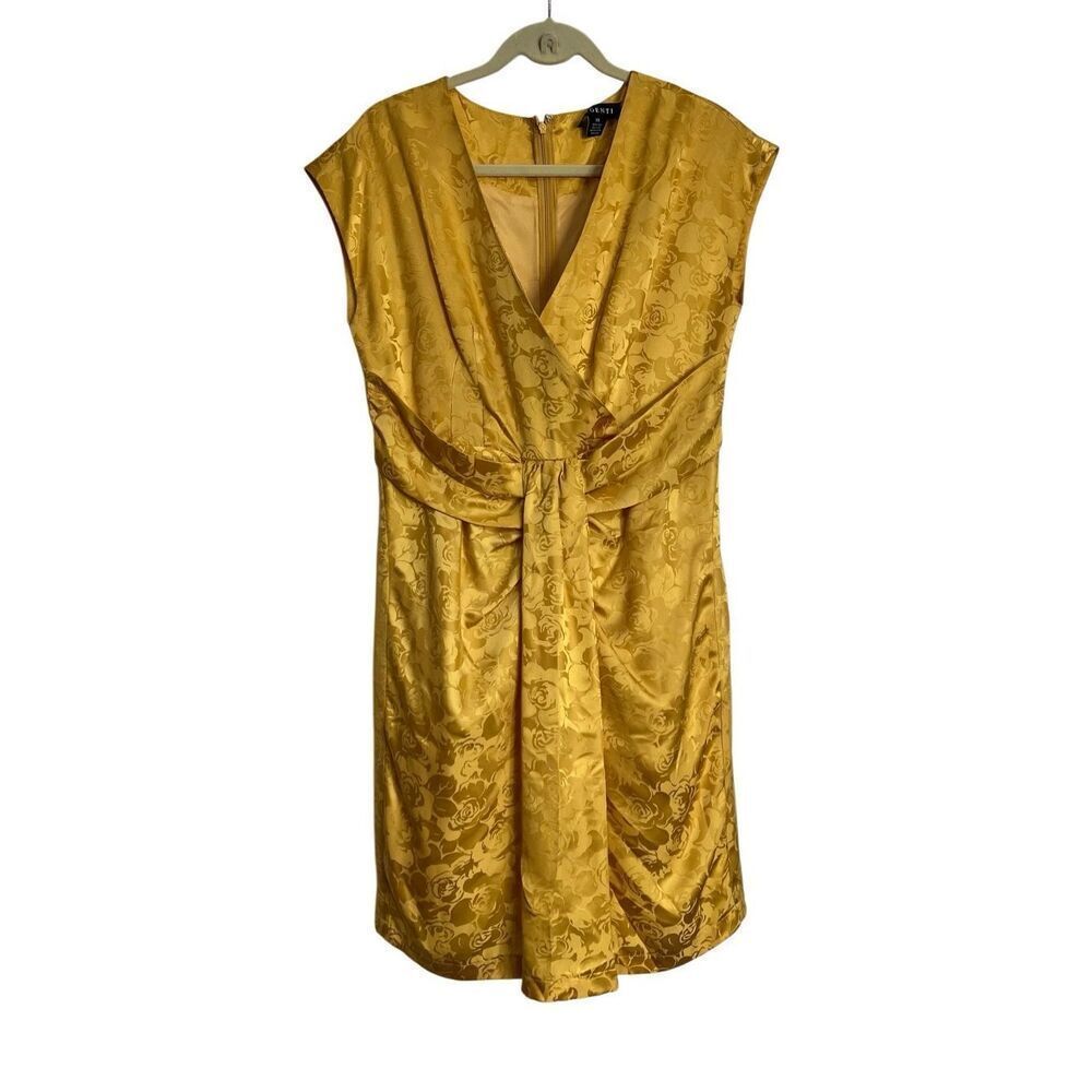 Argenti Dress Womens Size 10 Gold 100% Silk Textured Floral Cap Sleeve Surplice